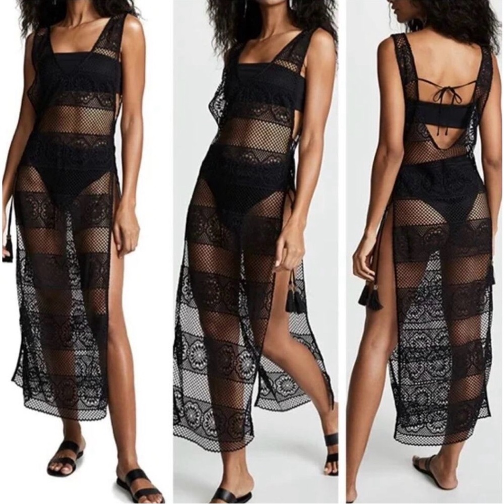 Pilyq Black Lace & Mesh Maxi Swim Coverup with Side Slits